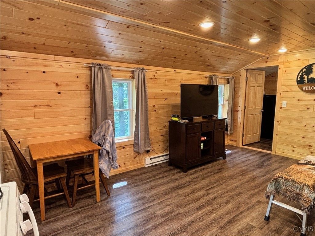 Dining room, Interior, Recessed Lighting, Wooden Ceilings, Wood Texture Flooring, Wooden Walls