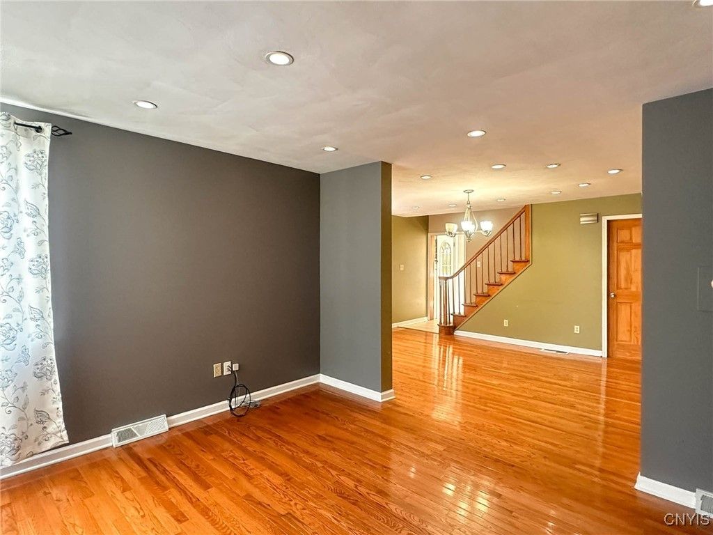 Chandelier, Empty room, Interior, Recessed Lighting, Wood Texture Flooring