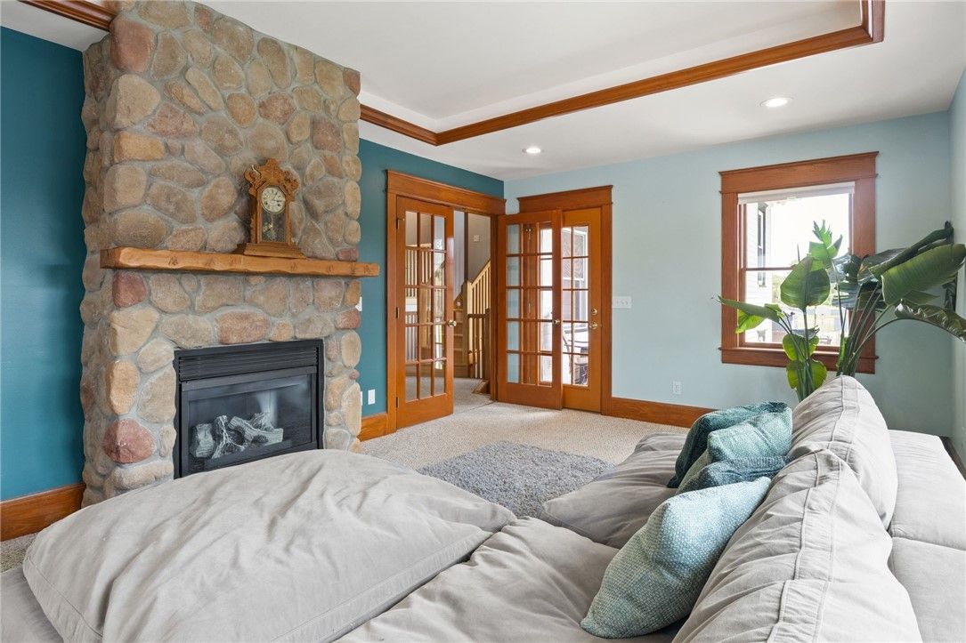 Bedroom, Fireplace, Interior, Recessed Lighting, Stone Walls