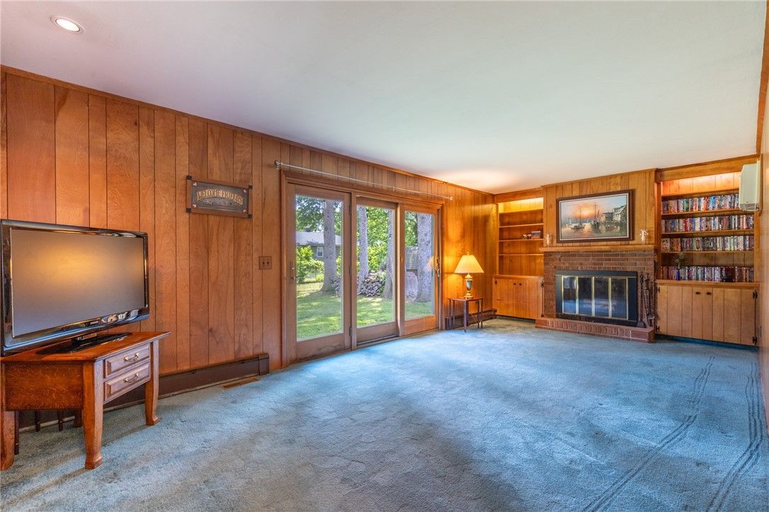 Empty room, Fireplace, Interior, Recessed Lighting, Wooden Walls