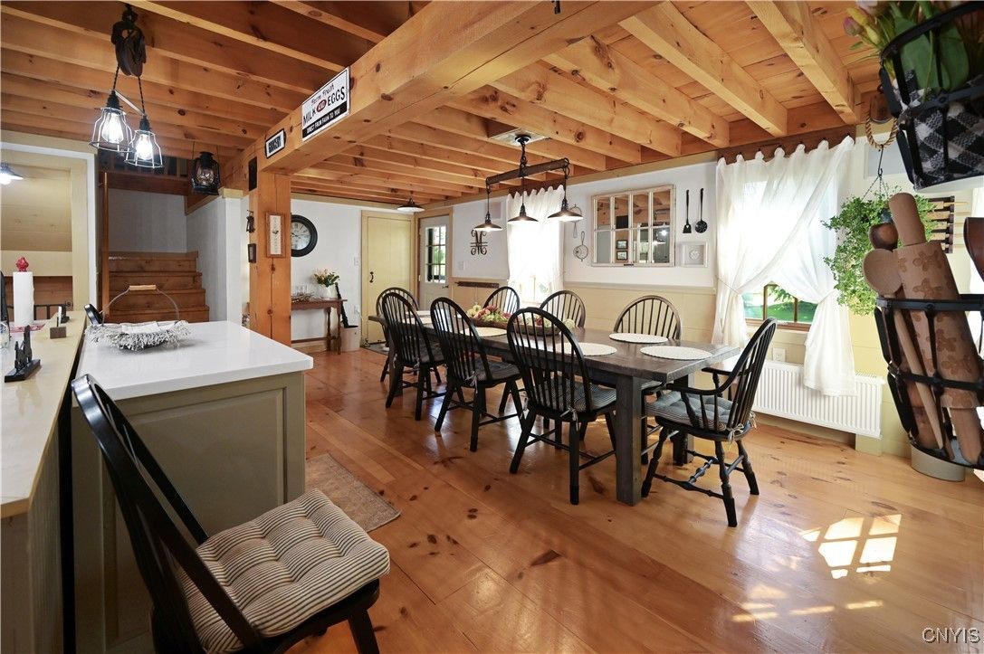 Dining room, Interior, Pendant Lights, Wooden Beams, Wooden Ceilings, Wood Texture Flooring