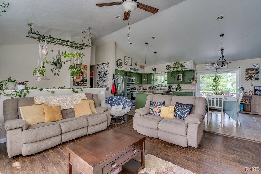 Dining room, Interior, Kitchen, Living room, Pendant Lights, Stainless Steel Appliances, Wood Texture Flooring
