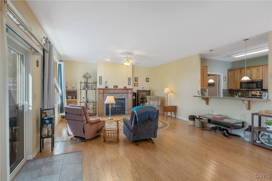 Fireplace, Interior, Kitchen, Living room, Pendant Lights, Wood Texture Flooring