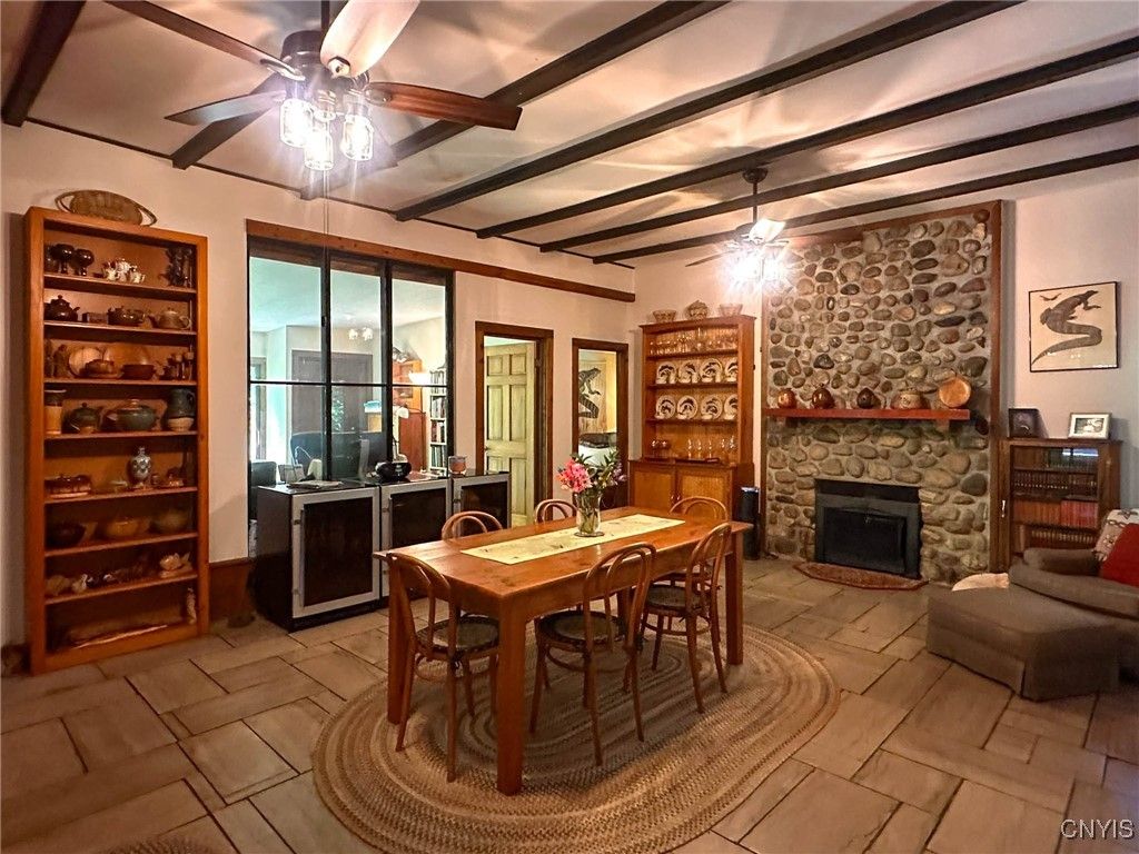 Dining room, Fireplace, Interior, Stone Walls