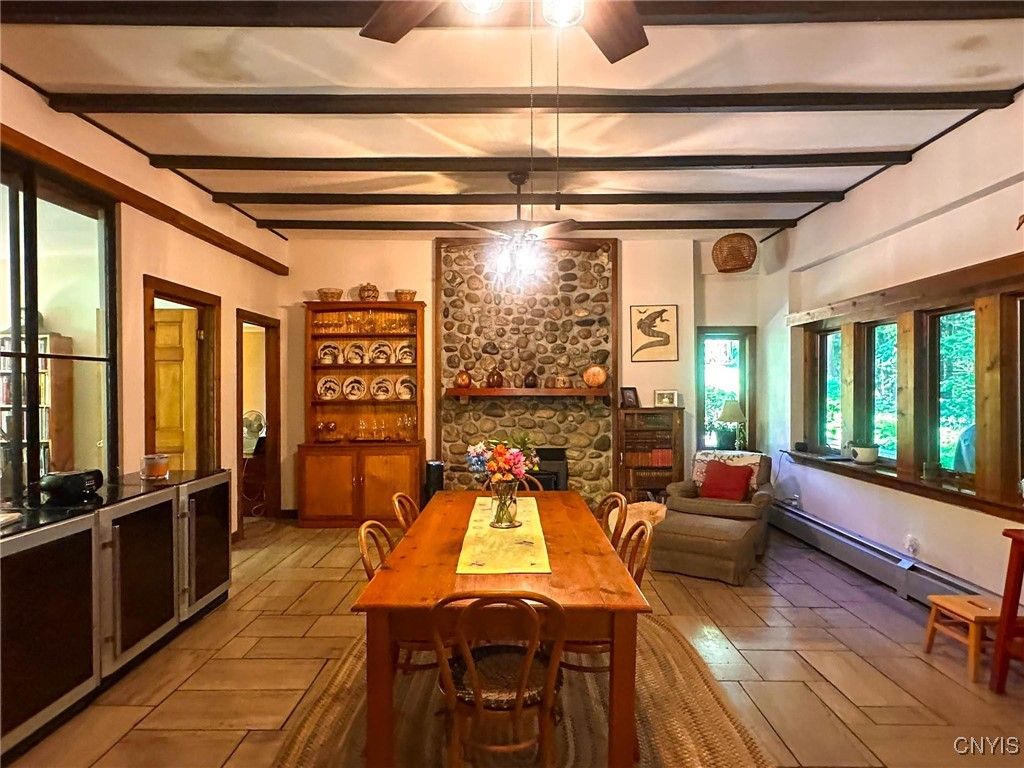 Dining room, Fireplace, Interior, Pendant Lights, Wooden Beams, Wood Texture Flooring
