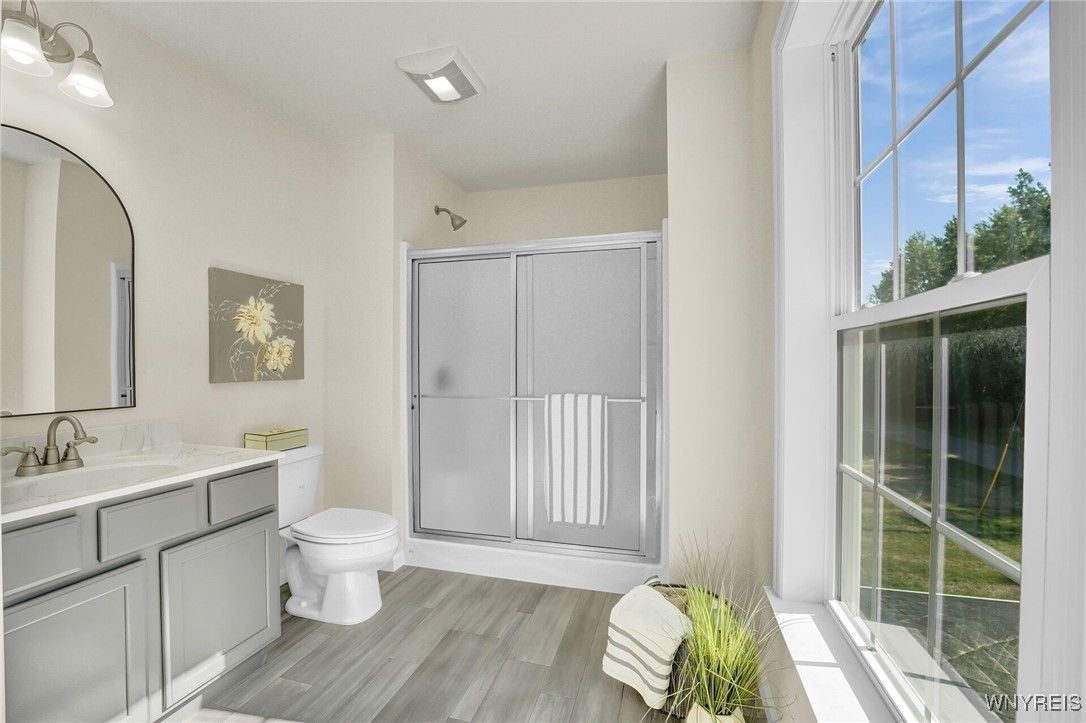 Bathroom, Glass Shower, Interior, Recessed Lighting, Wood Texture Flooring