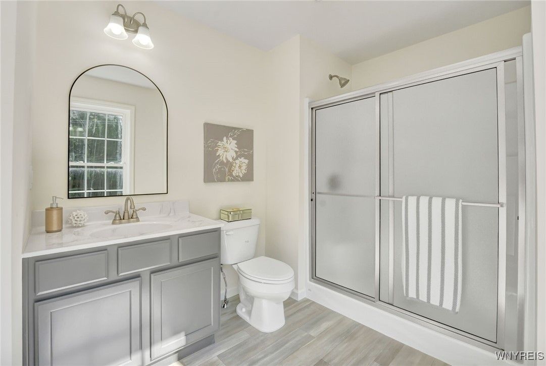 Bathroom, Glass Shower, Interior, Wood Texture Flooring