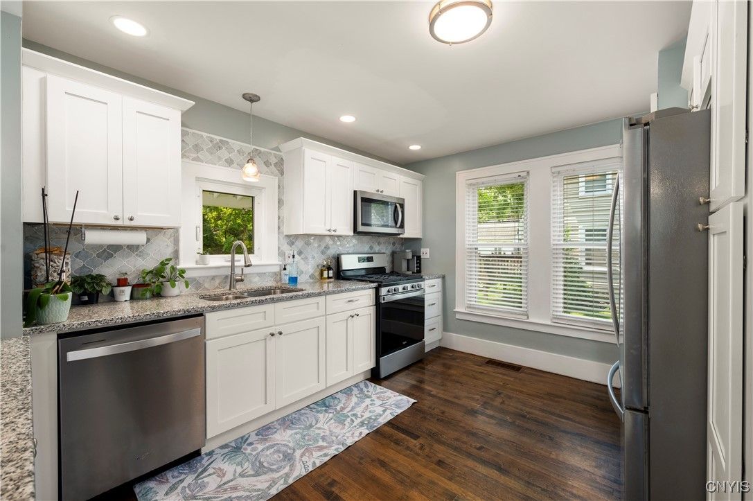 Interior, Kitchen, Pendant Lights, Recessed Lighting, Stainless Steel Appliances, Wood Texture Flooring