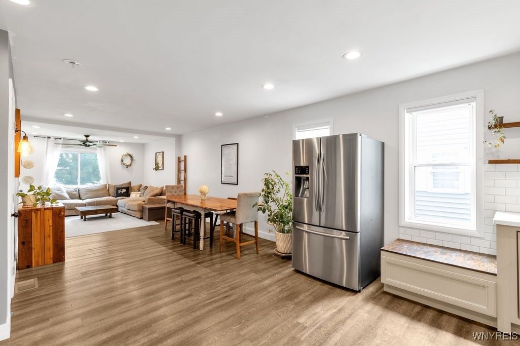 Dining room, Interior, Kitchen, Living room, Pendant Lights, Recessed Lighting, Stainless Steel Appliances, Wood Texture Flooring