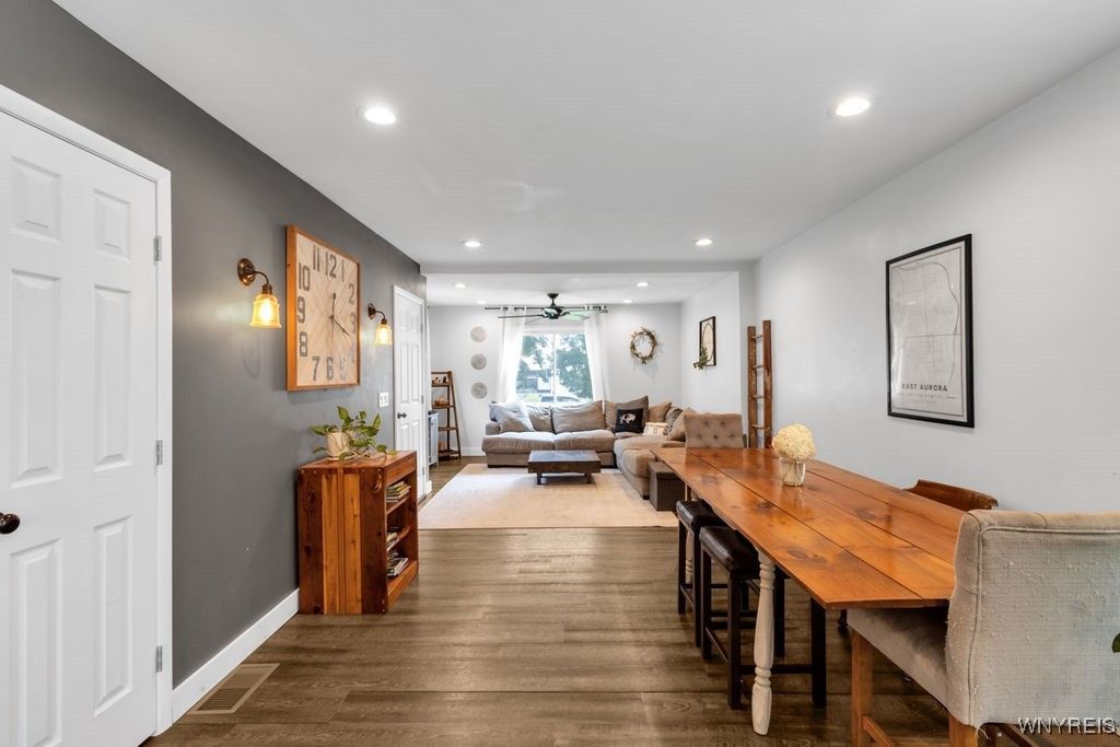 Dining room, Interior, Living room, Recessed Lighting, Wood Texture Flooring