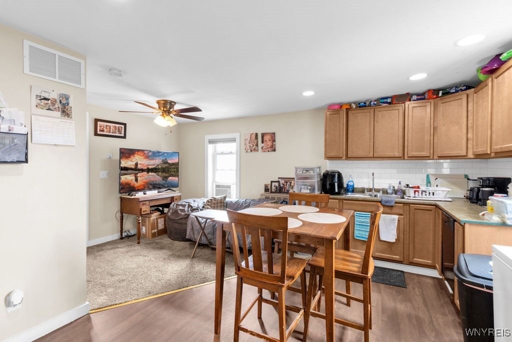 Dining room, Interior, Kitchen, Recessed Lighting, Wood Texture Flooring
