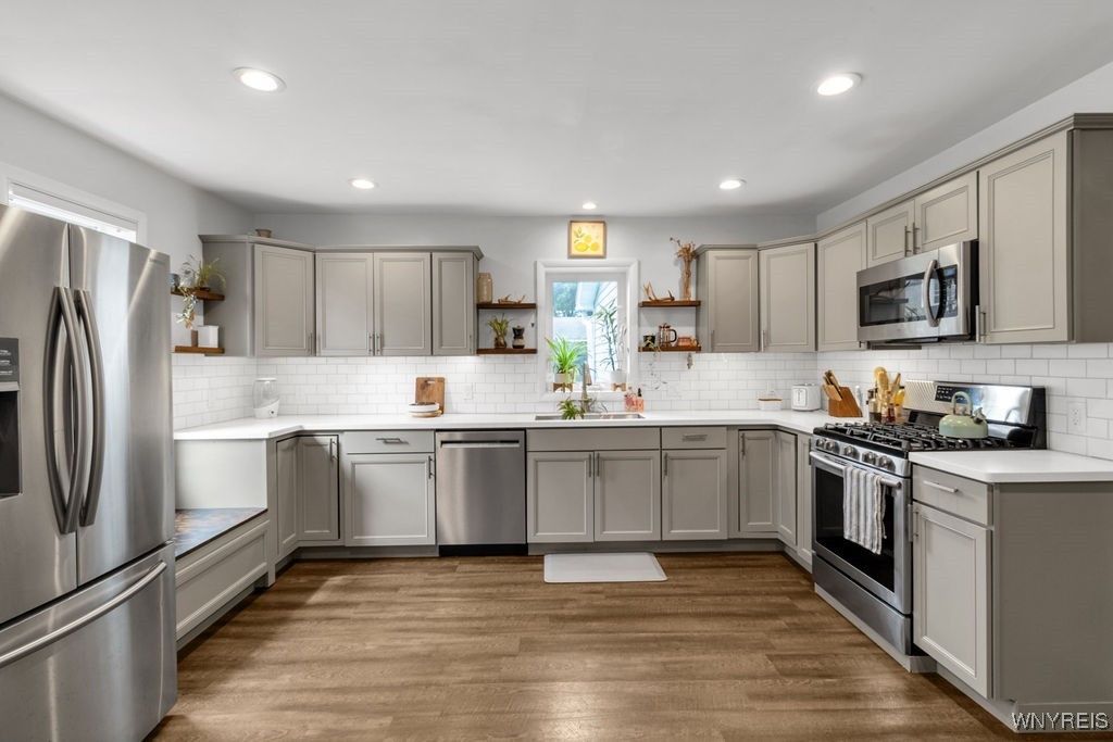 Interior, Kitchen, Recessed Lighting, Stainless Steel Appliances, Wood Texture Flooring