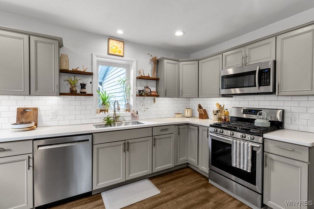 Interior, Kitchen, Recessed Lighting, Stainless Steel Appliances, Wood Texture Flooring