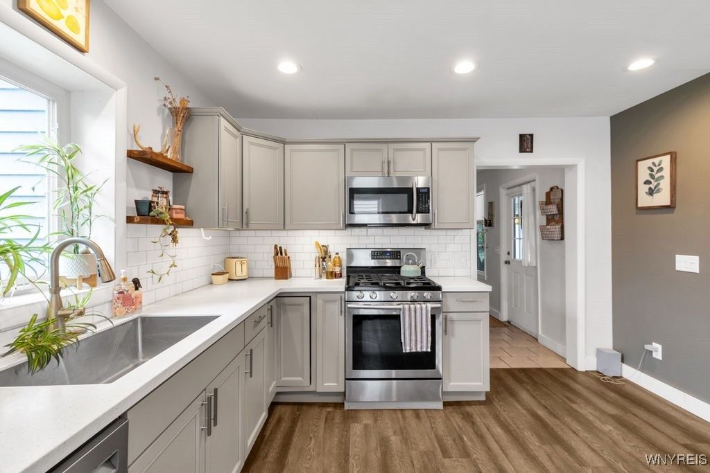 Interior, Kitchen, Recessed Lighting, Stainless Steel Appliances, Wood Texture Flooring