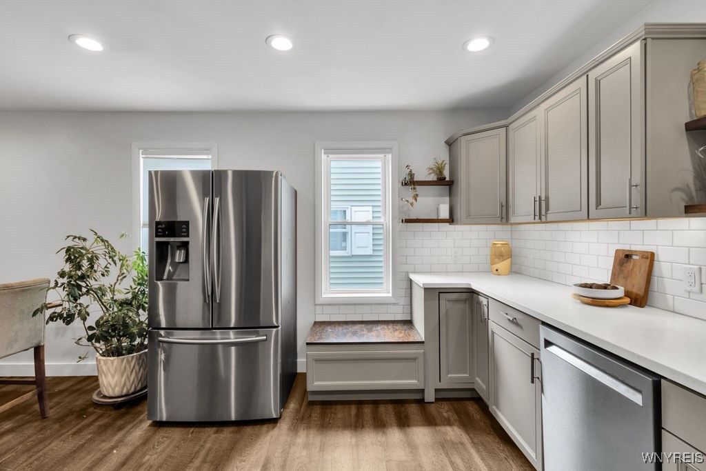 Interior, Kitchen, Recessed Lighting, Stainless Steel Appliances, Wood Texture Flooring