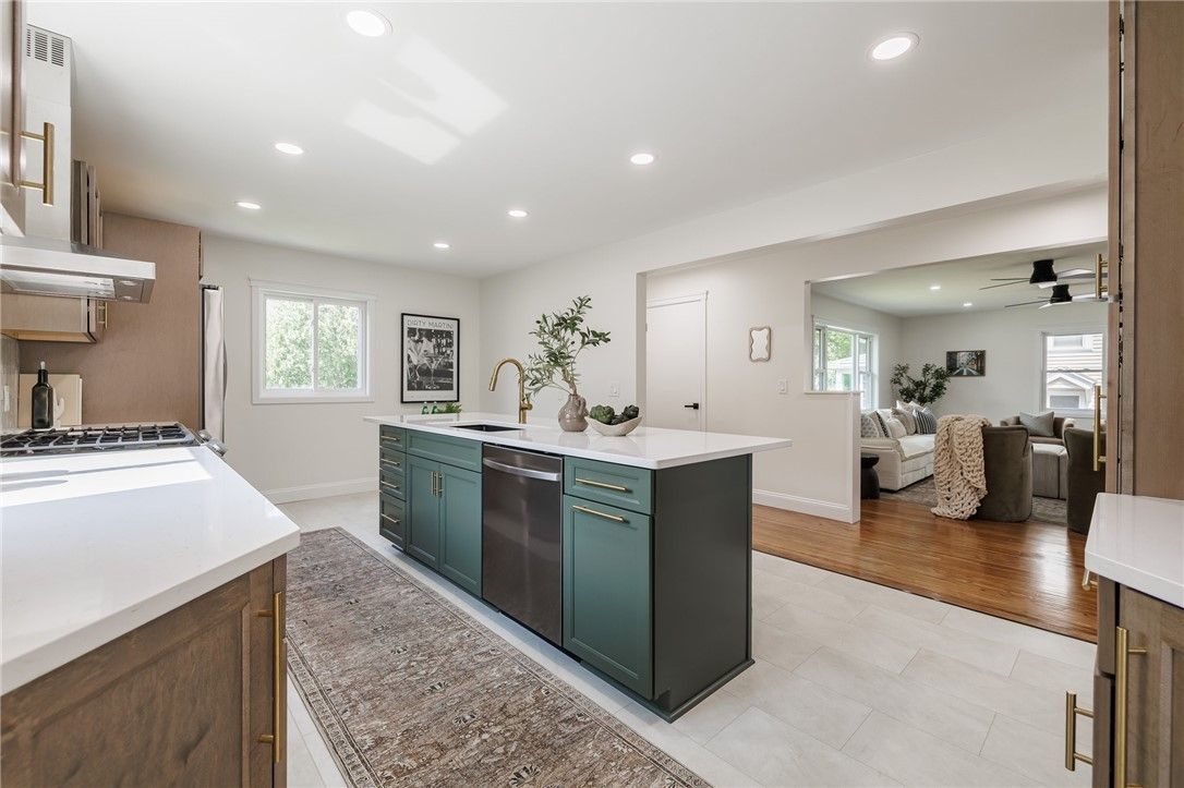 Interior, Kitchen, Living room, Recessed Lighting, Stainless Steel Appliances, Wood Texture Flooring
