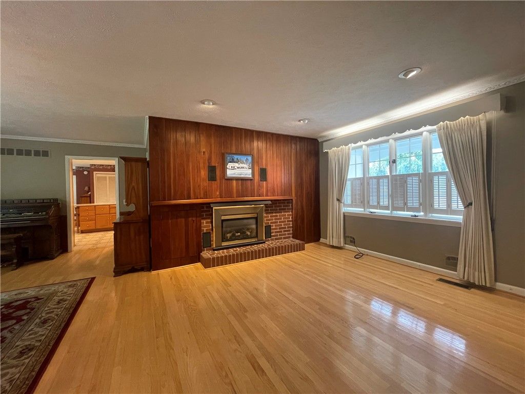 Fireplace, Interior, Recessed Lighting, Wood Texture Flooring, Wooden Walls