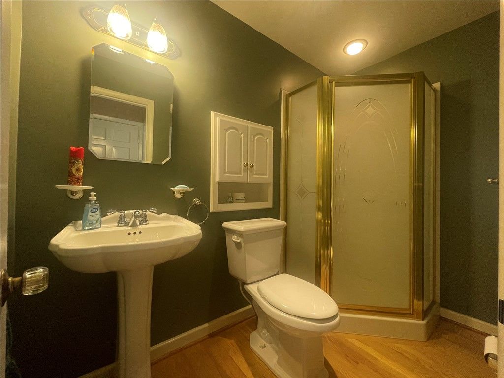 Bathroom, Glass Shower, Interior, Recessed Lighting, Wood Texture Flooring
