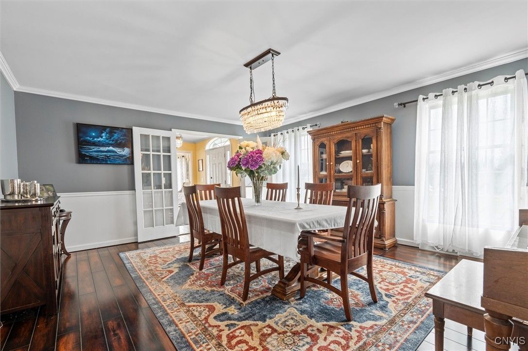 Chandelier, Dining room, Interior, Wood Texture Flooring