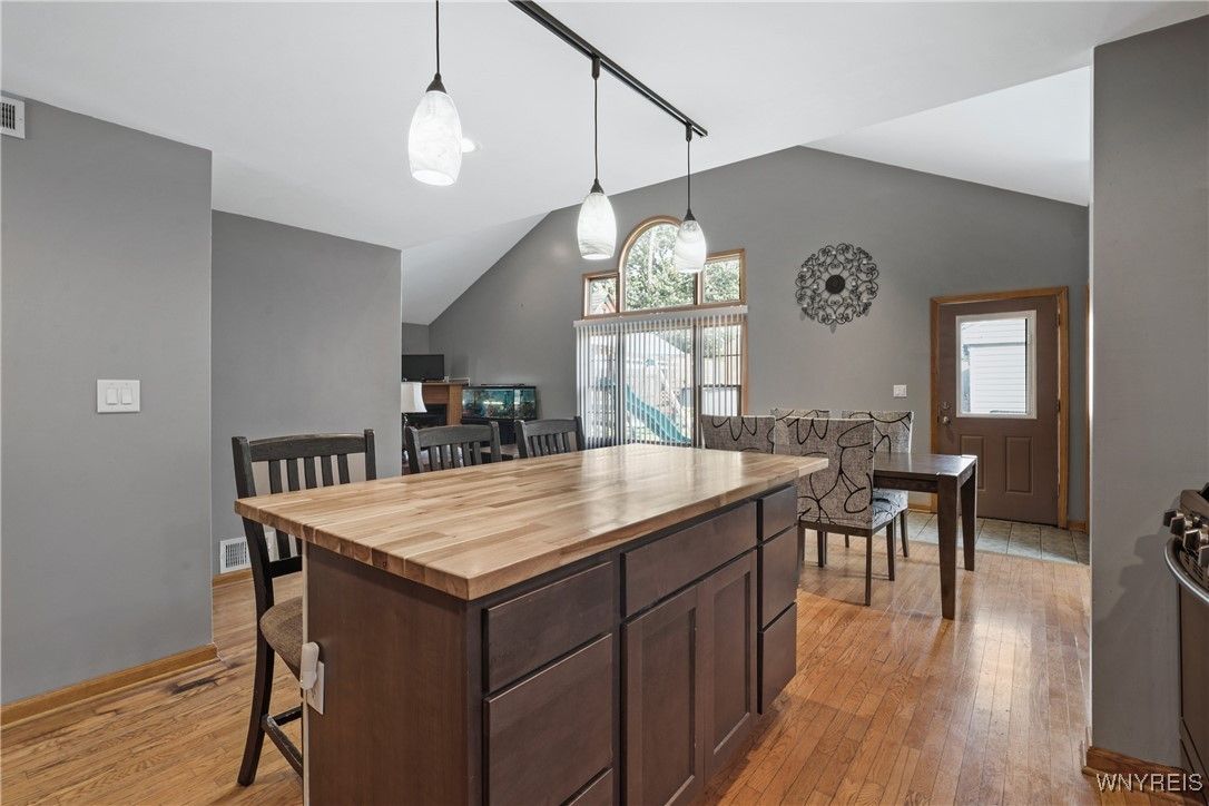 Dining room, Interior, Pendant Lights, Wood Texture Flooring