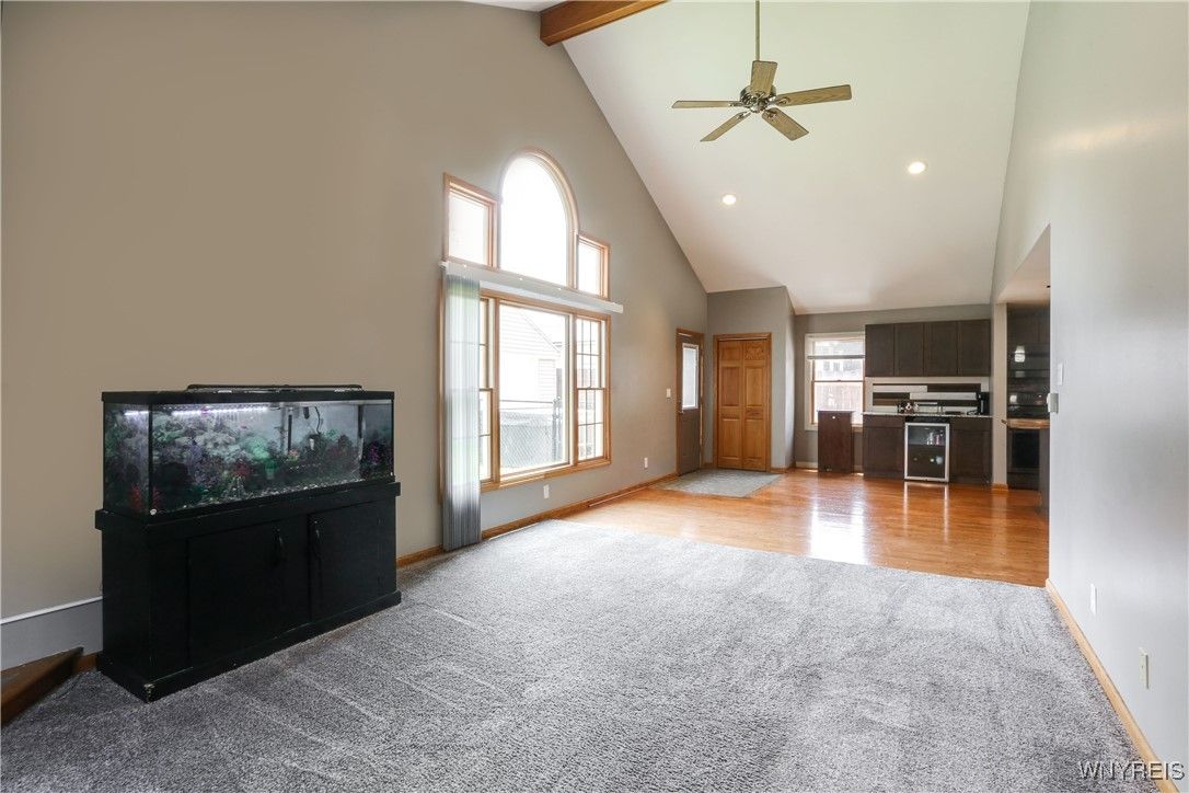 Empty room, Interior, Kitchen, Recessed Lighting, Stainless Steel Appliances, Wooden Beams, Wood Texture Flooring