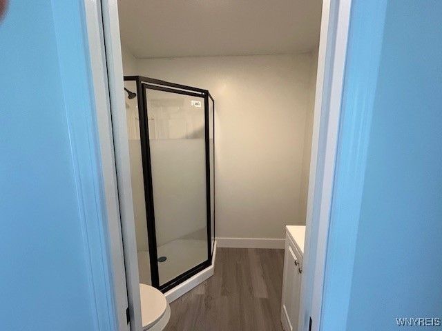 Bathroom, Glass Shower, Interior, Wood Texture Flooring