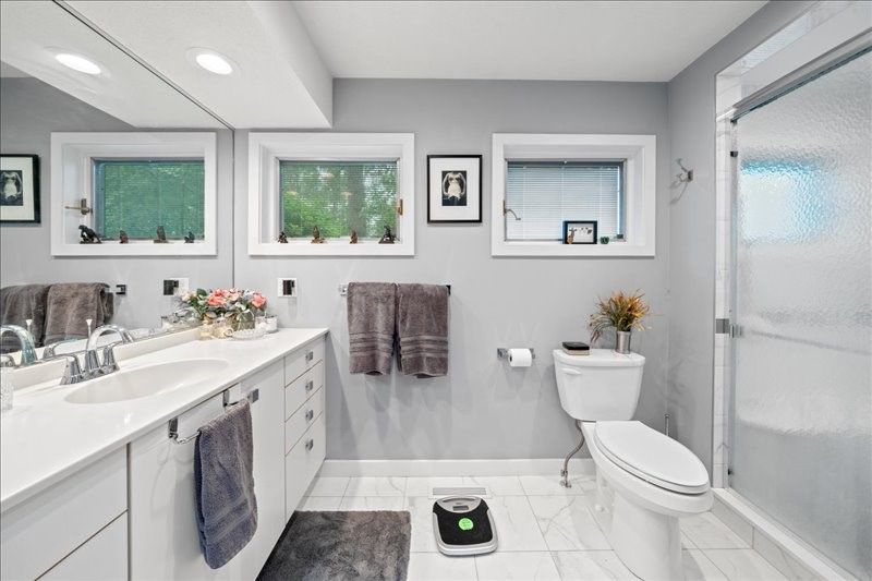Bathroom, Dual Sink Vanities, Glass Shower, Interior, Marble, Recessed Lighting