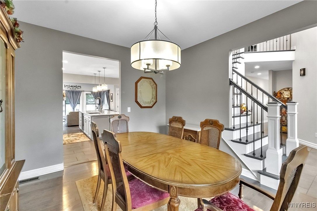 Chandelier, Dining room, Interior, Pendant Lights, Recessed Lighting, Wood Texture Flooring