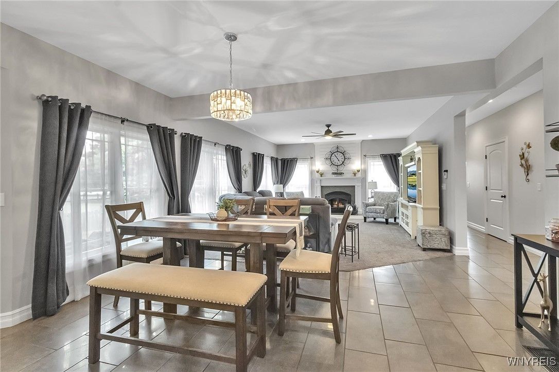 Dining room, Fireplace, Interior, Living room, Pendant Lights