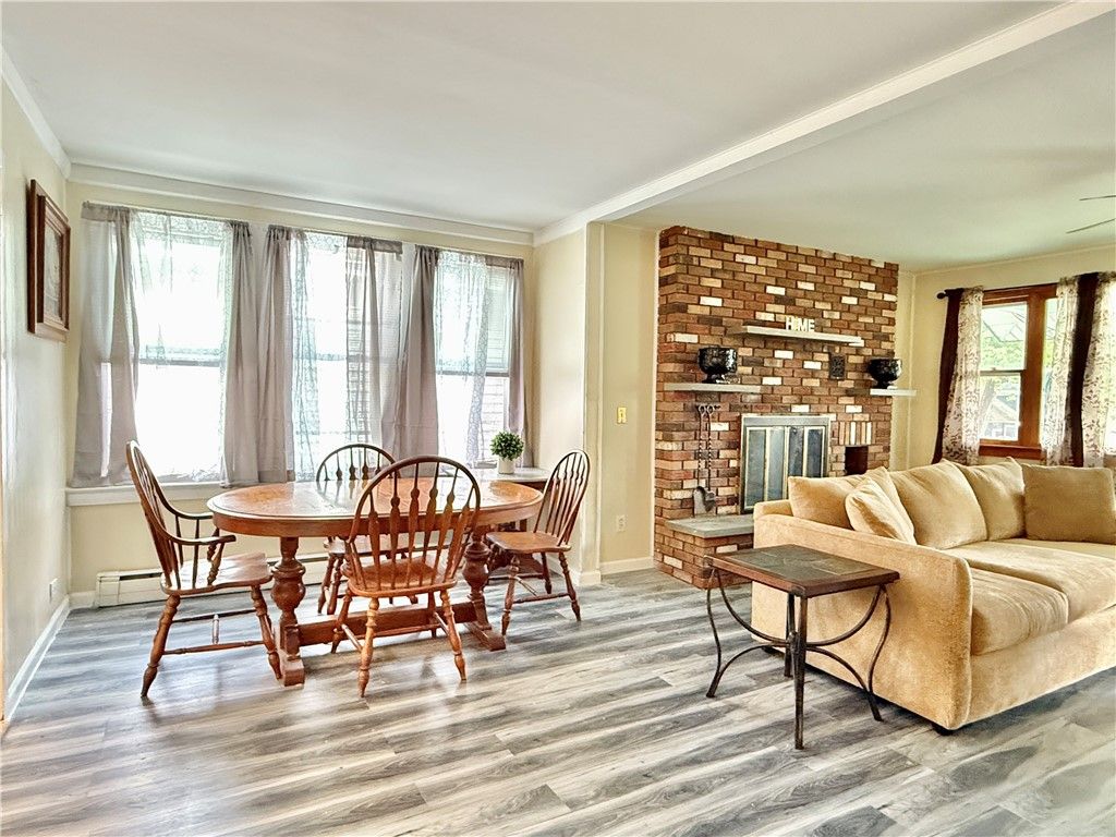Dining room, Fireplace, Interior, Living room, Stone Walls, Wood Texture Flooring