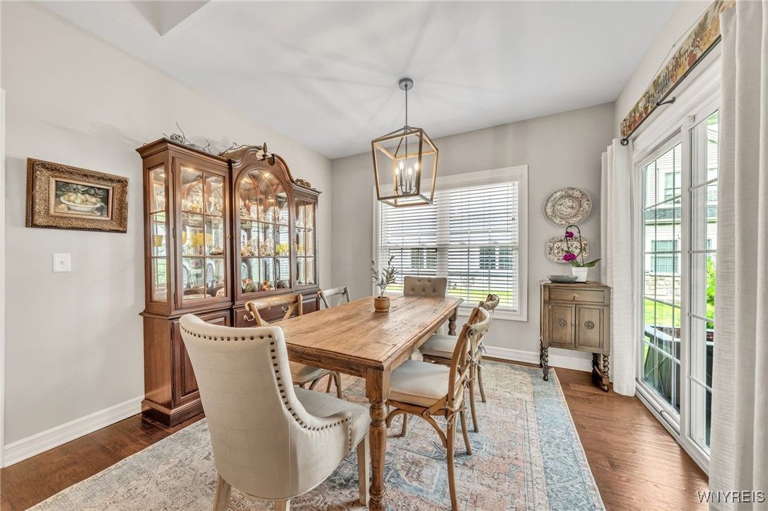 Dining room, Interior, Pendant Lights, Wood Texture Flooring