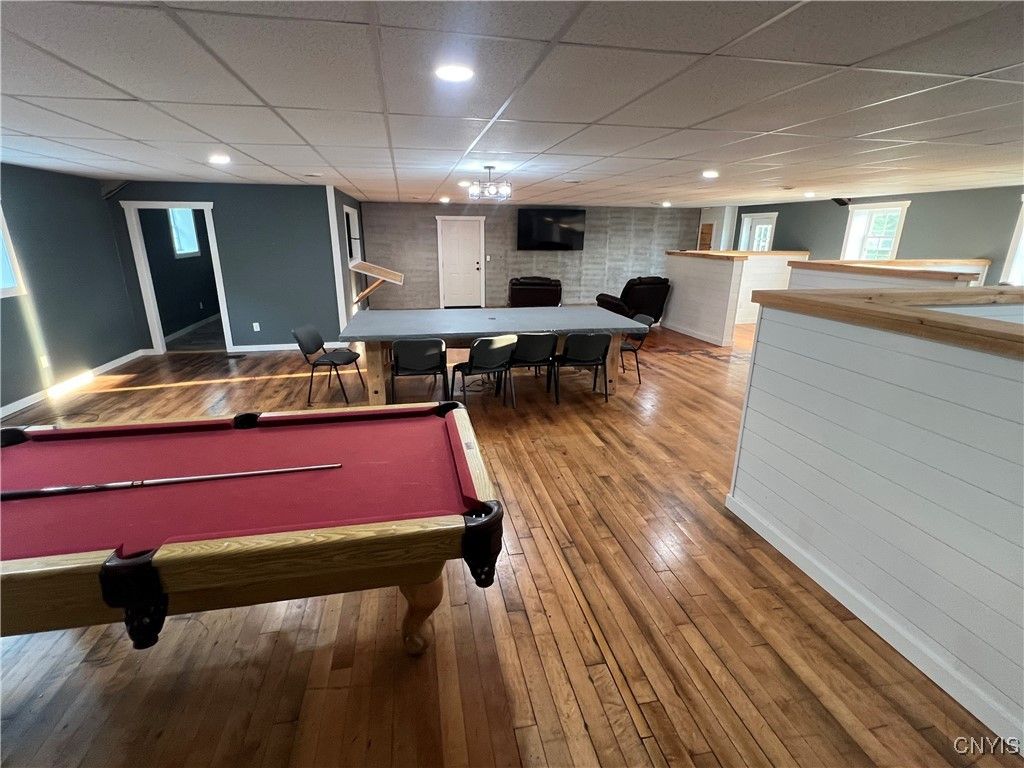 Billiard Table, Dining room, Game Room, Interior, Pendant Lights, Recessed Lighting, Wood Texture Flooring