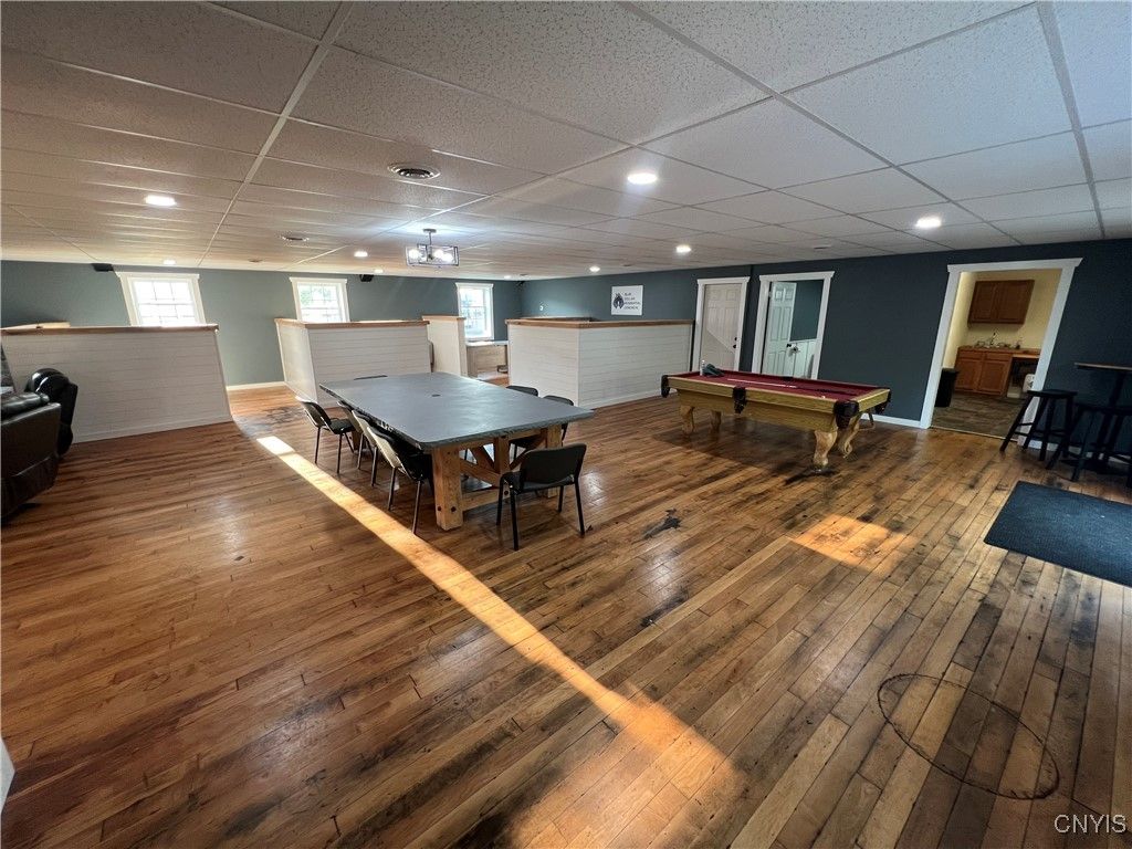Billiard Table, Dining room, Game Room, Interior, Pendant Lights, Recessed Lighting, Wood Texture Flooring