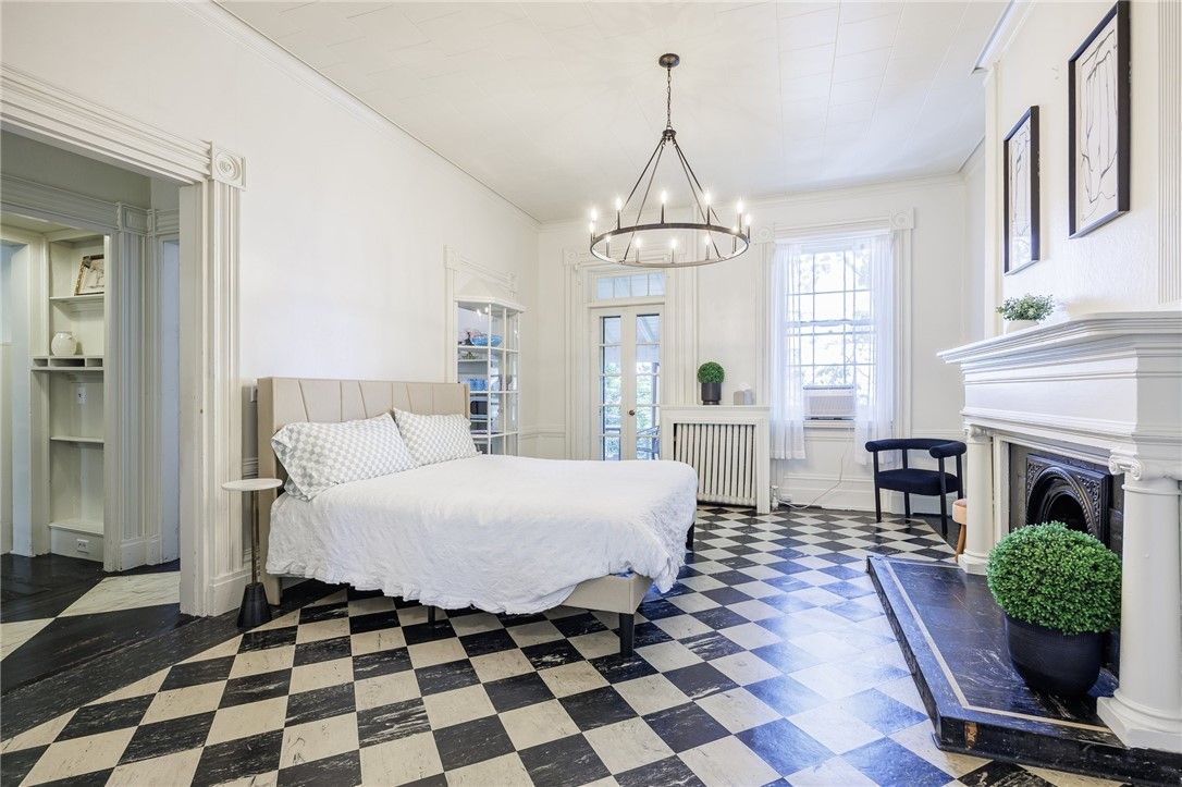 Bedroom, Chandelier, Fireplace, Interior, Marble, Pendant Lights