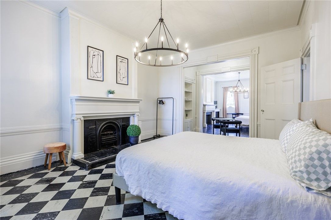 Bedroom, Chandelier, Fireplace, Interior, Pendant Lights