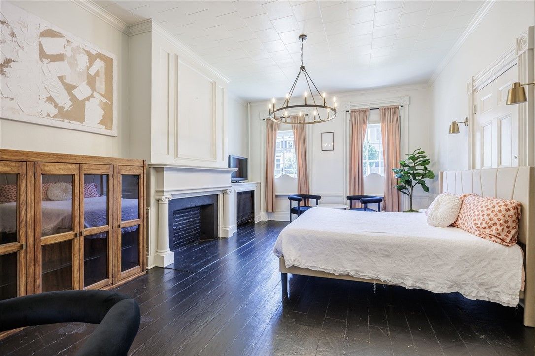 Bedroom, Chandelier, Fireplace, Interior, Pendant Lights, Wood Texture Flooring