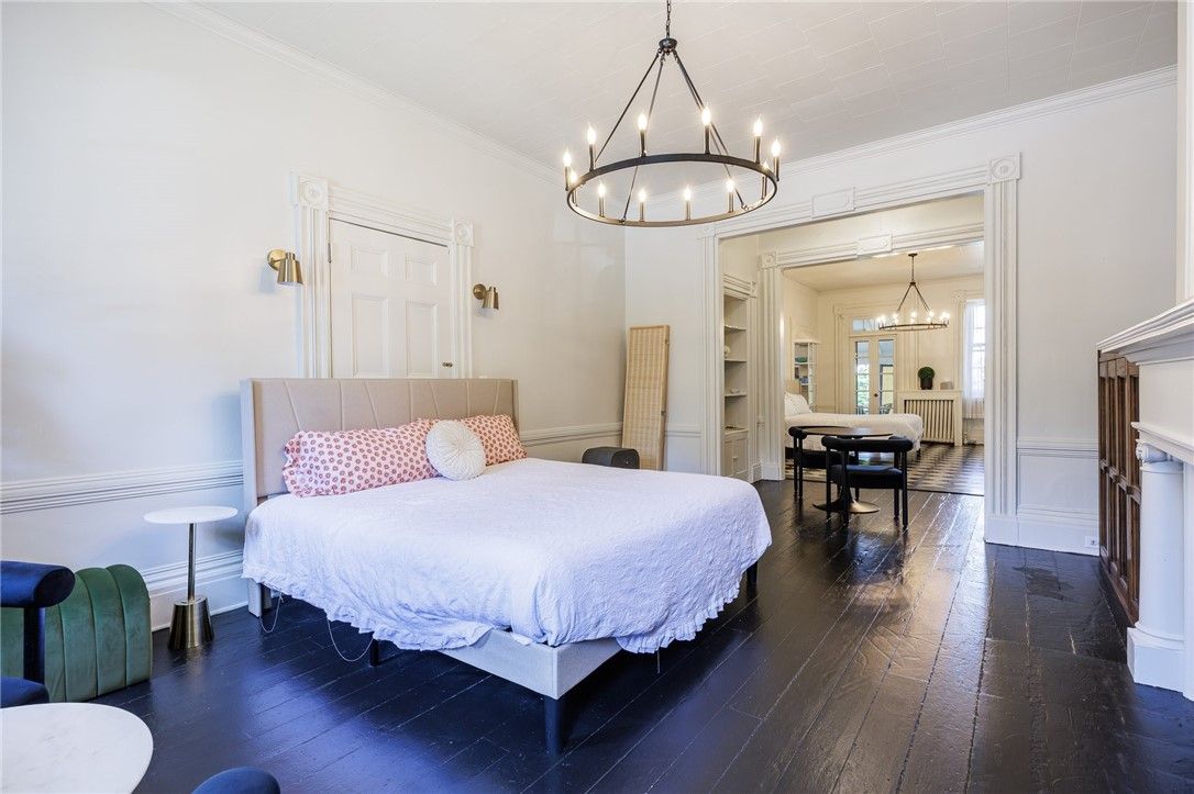 Bedroom, Chandelier, Interior, Pendant Lights, Wood Texture Flooring