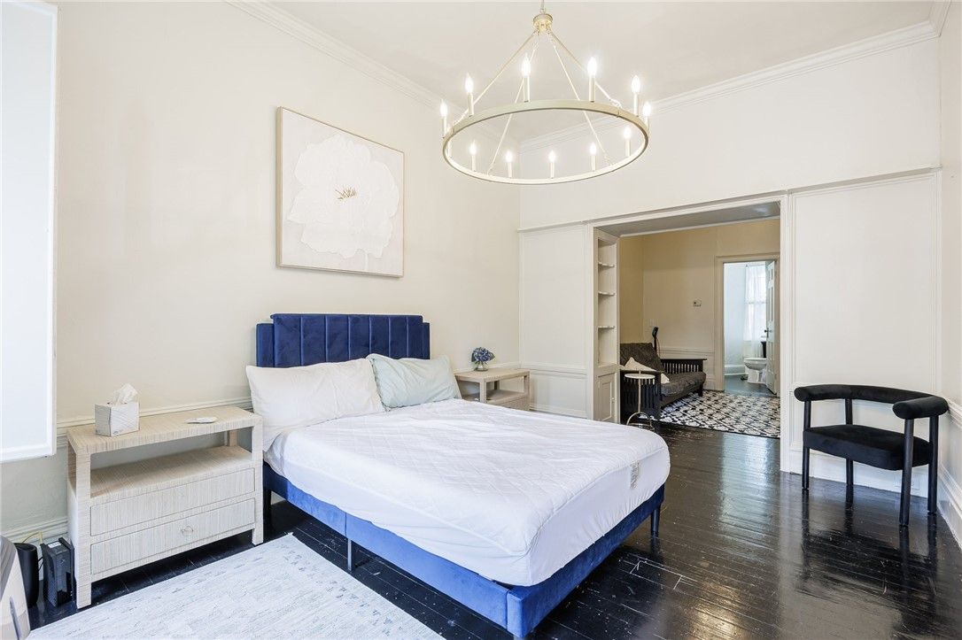 Bedroom, Chandelier, Interior, Pendant Lights, Wood Texture Flooring