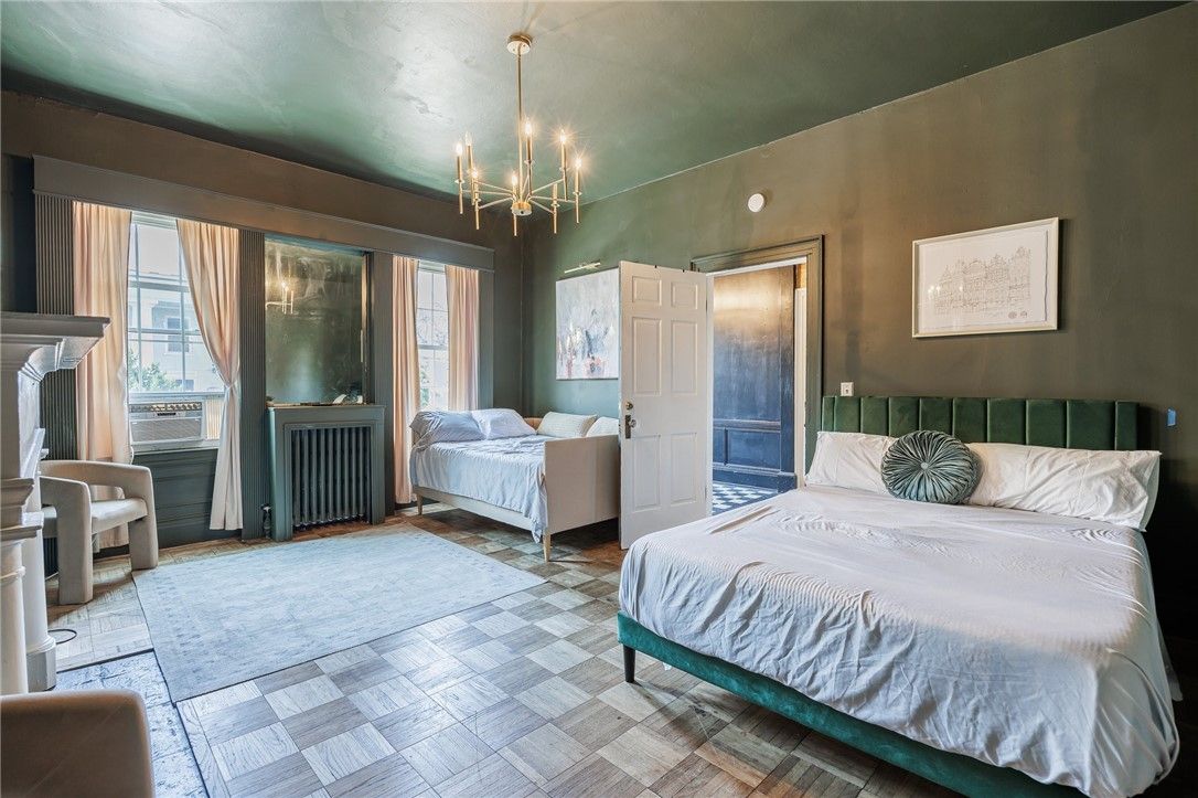 Bedroom, Chandelier, Fireplace, Interior, Pendant Lights
