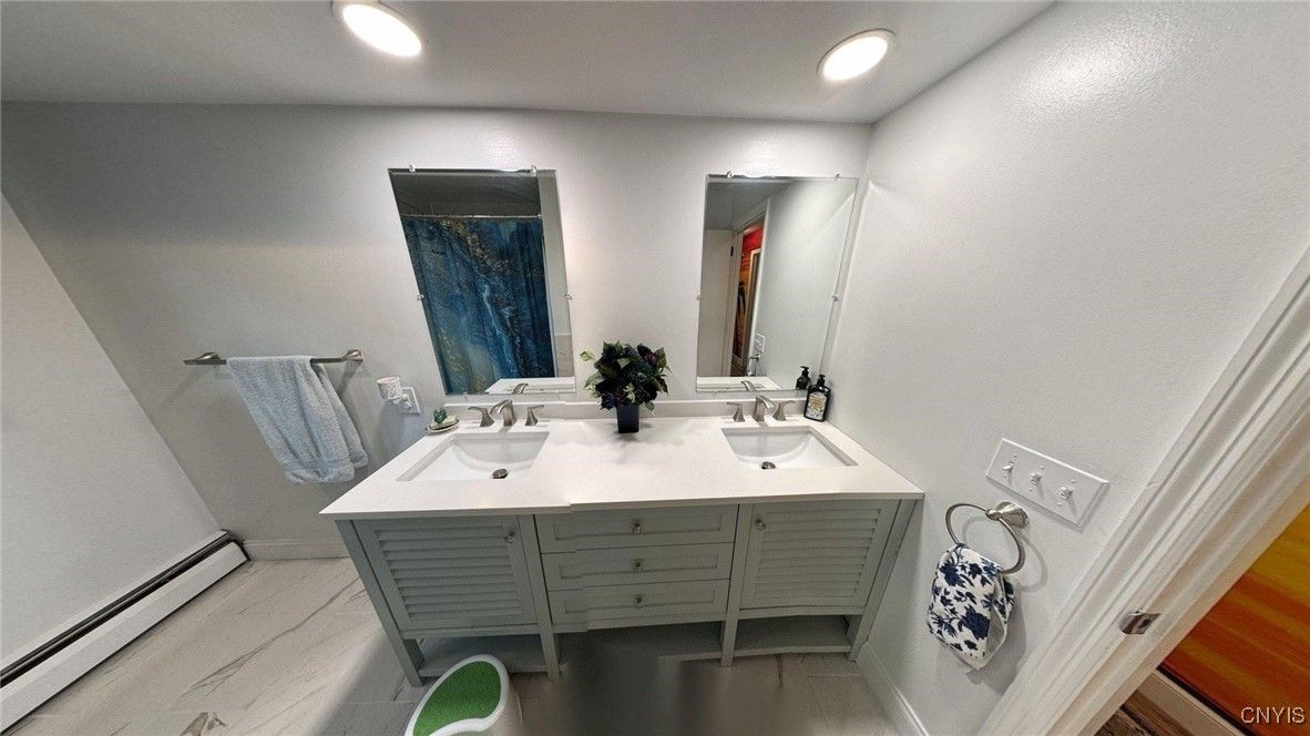 Bathroom, Dual Sink Vanities, Interior, Recessed Lighting, Wood Texture Flooring