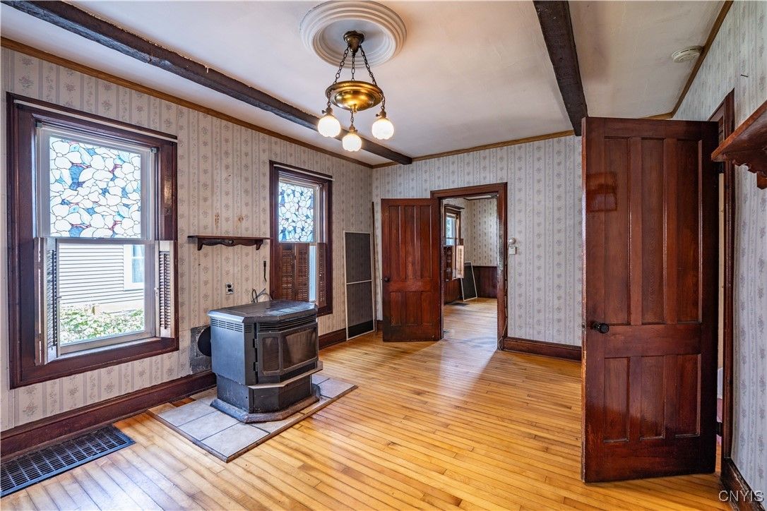 Fireplace, Interior, Pendant Lights, Wood Texture Flooring