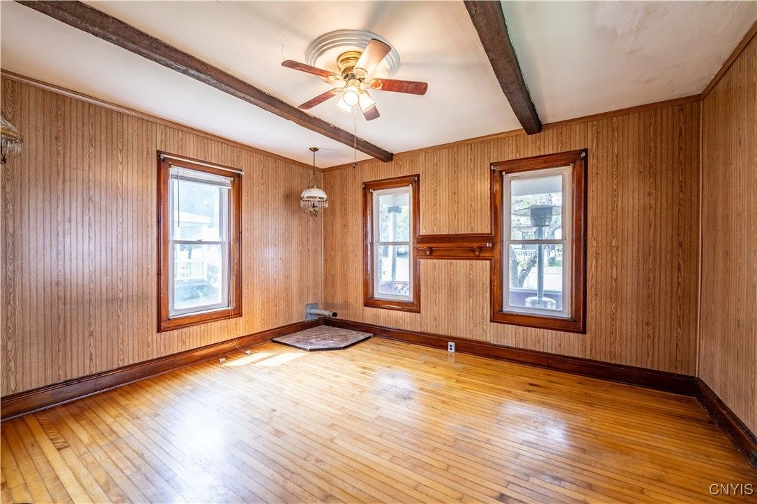Empty room, Interior, Pendant Lights, Wooden Beams, Wood Texture Flooring, Wooden Walls