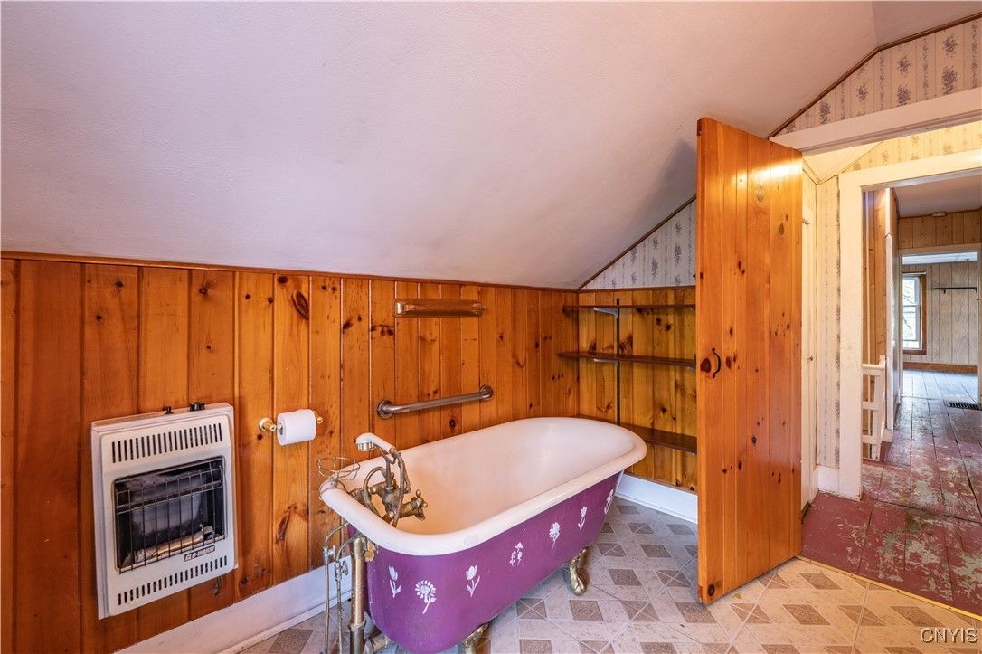 Bathroom, Fireplace, Free Standing Baths, Interior, Wooden Walls