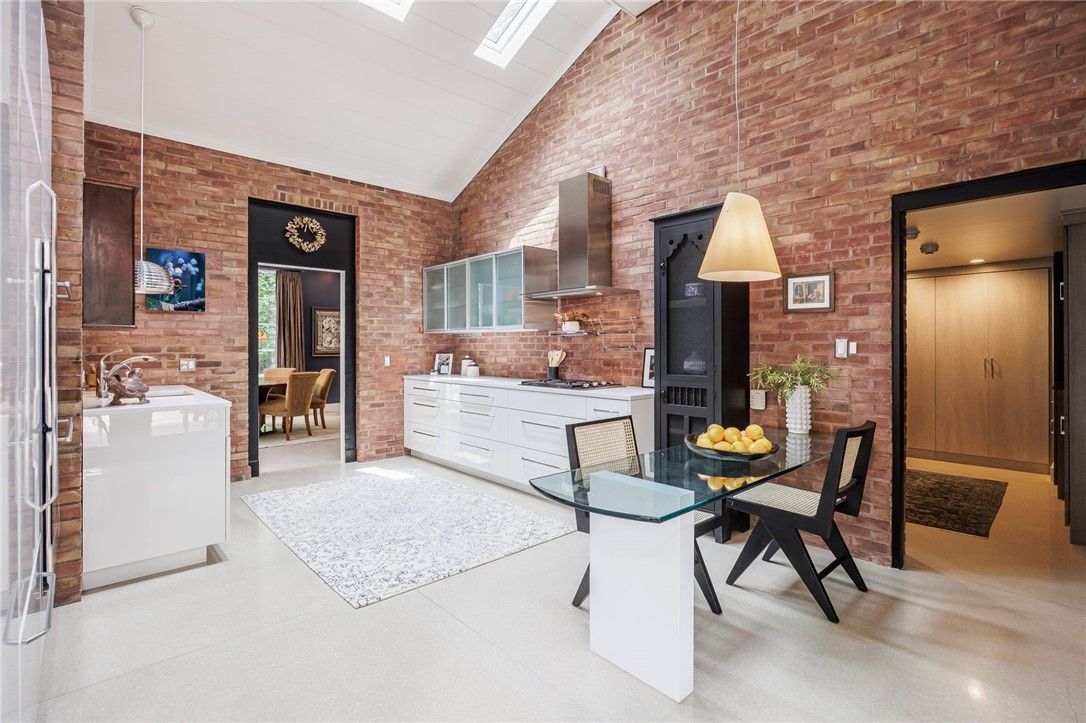 Dining room, Interior, Kitchen, Pendant Lights, Stainless Steel Appliances, Stone Walls
