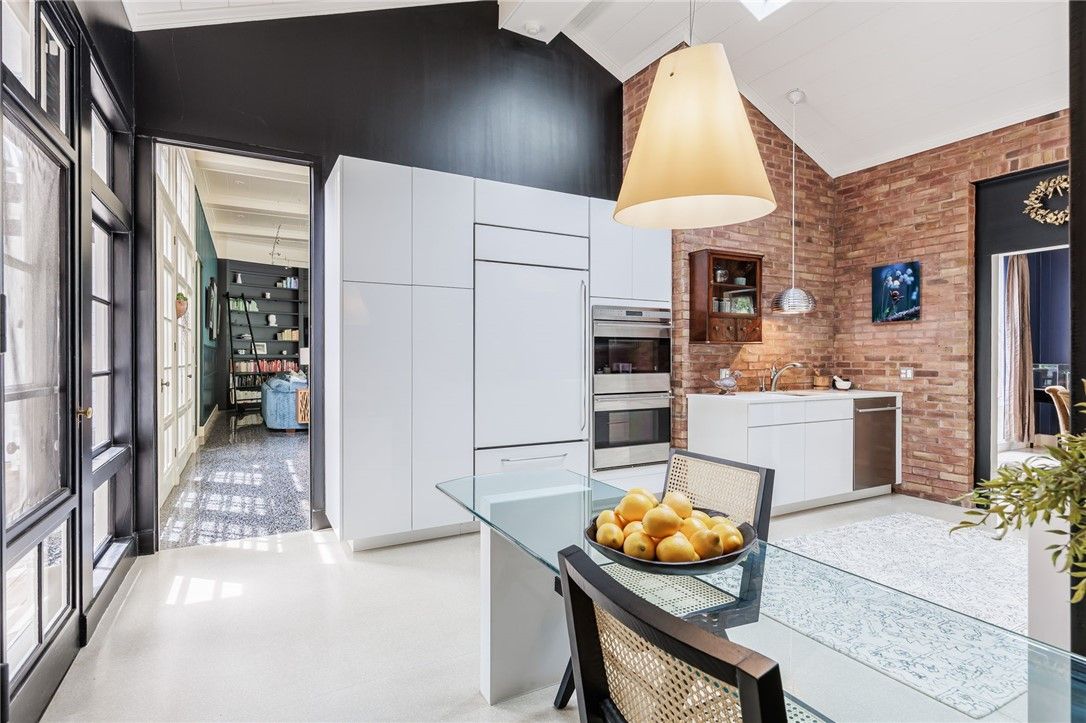 Interior, Kitchen, Pendant Lights, Stainless Steel Appliances, Stone Walls