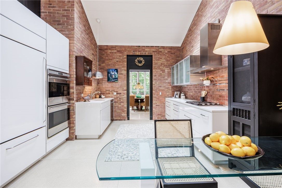 Interior, Kitchen, Pendant Lights, Stainless Steel Appliances, Stone Walls, Washer