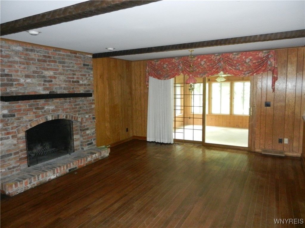 Empty room, Fireplace, Interior, Stone Walls, Wood Texture Flooring
