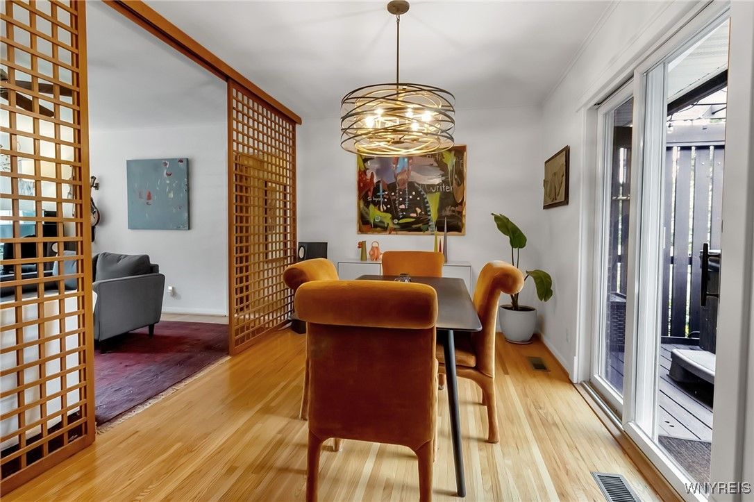 Dining room, Interior, Pendant Lights, Wood Texture Flooring