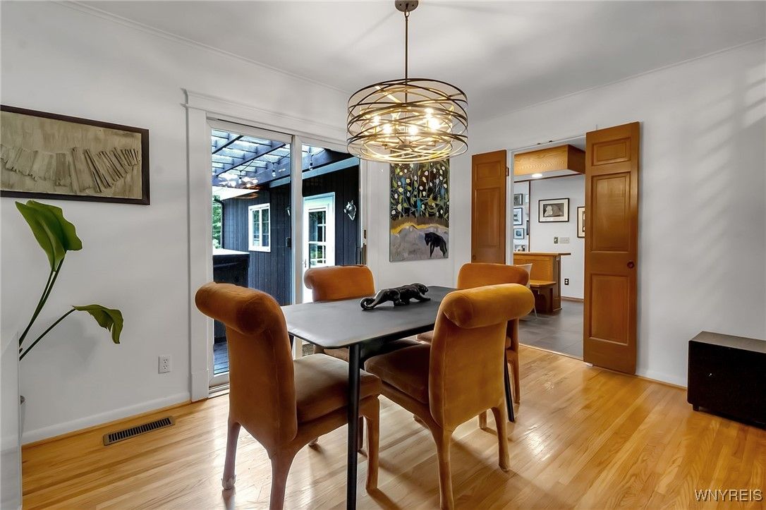 Dining room, Interior, Pendant Lights, Wood Texture Flooring