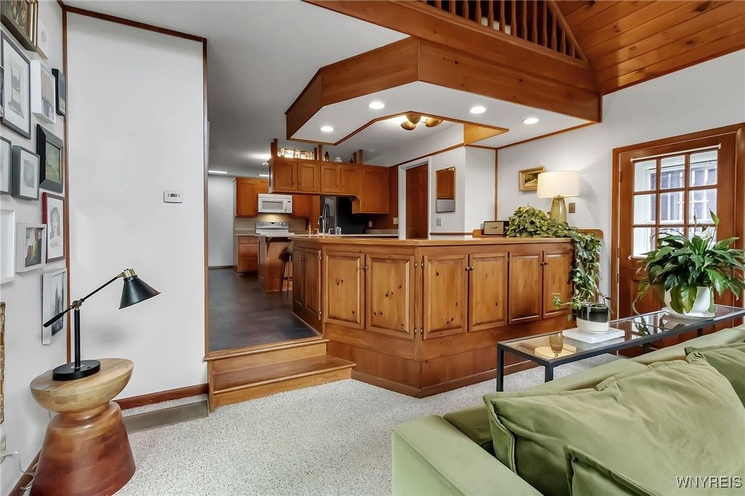 Interior, Kitchen, Living room, Recessed Lighting, Stainless Steel Appliances, Wooden Ceilings